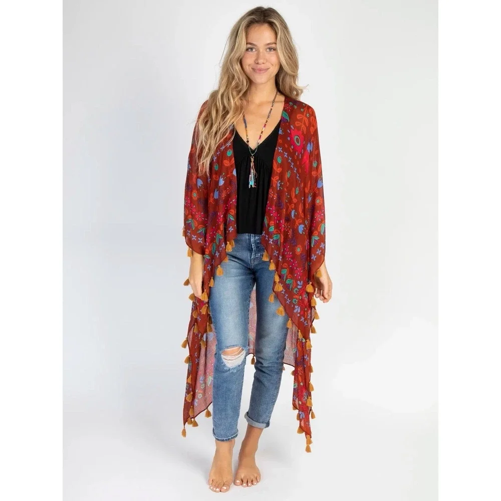Natural Life Floral Tassel Kimono One Size Boho Festival Duster Ruana Wrap Beach - Picture 2 of 6